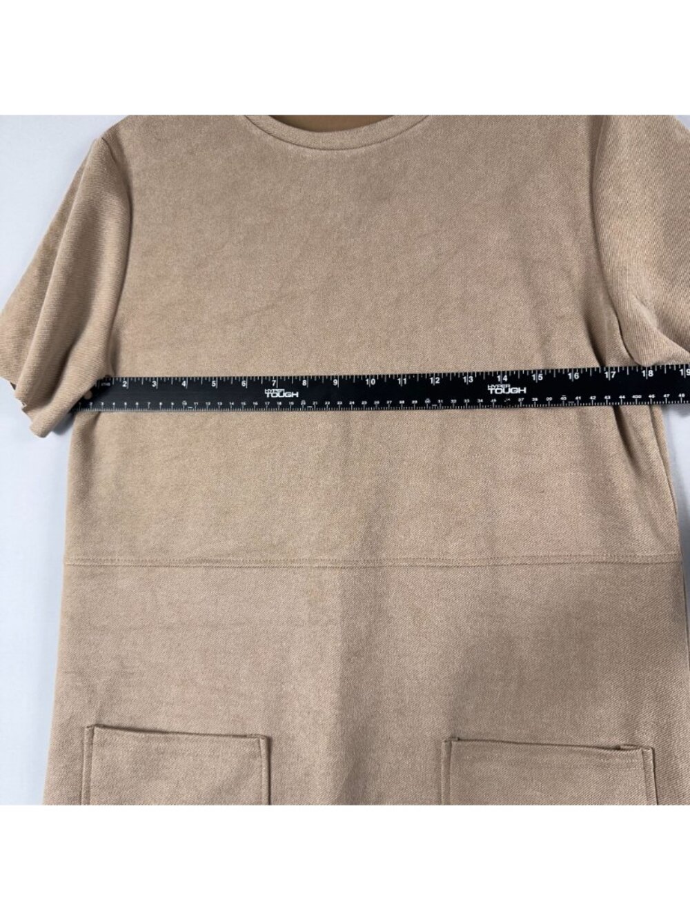 Zara Shift Dress Size Medium Tan Faux Suede Short-Sleeve Front Pockets - Picture 7 of 10
